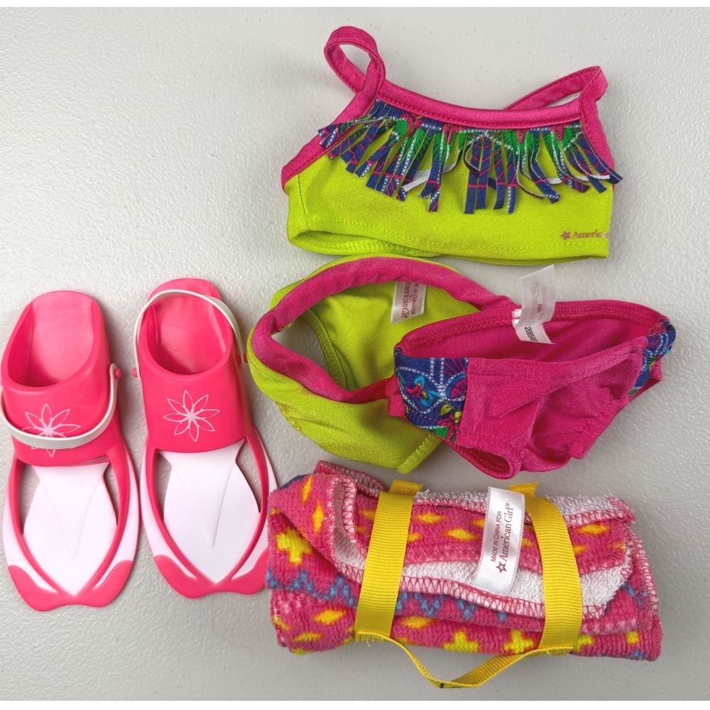American Girl Doll Swim Set Green Pink Bikini Fins Towel 18 Inch Accessories